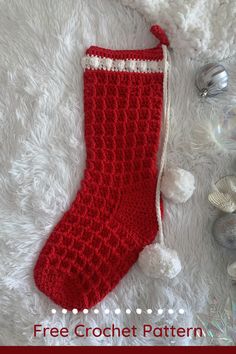 For a modern twist on a classic Christmas stocking, try this free crochet pattern featuring the waffle stitch and cute pompoms. Made in one piece and requiring no sewing, this large stocking is a great gift idea or addition to your holiday home decor. Crafted with soft worsted weight yarn, the tutorial walks you through every step of this festive project. Sew Stocking, Waffle Christmas, Easy Kids Projects, Crochet Waffle Stitch, Large Christmas Stockings