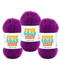 three skeins of purple yarn with the words stitch soak on them in different colors