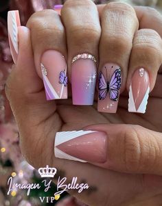 Butterfly Barbie, Nails Sets, Nails With Rhinestones, Butterfly Nail Designs, Press Nails, August Nails, Butterfly Designs, Minimalist Nail Art