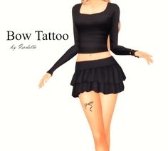 a woman in a black top and skirt with tattoos on her legs is posing for the camera