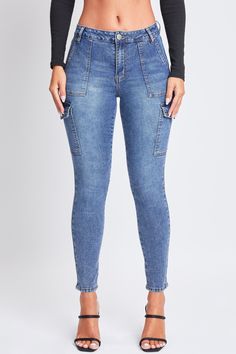 Dive into your chill era with our Women’s High Rise Skinny Cargo Jeans. Constructed with stretchy midweight denim, this high-waisted jean features a skinny silhouette that is fitted from hip to hem – perfect for a flattering look that shows off your every curve. Detailed with vintage-inspired rectangular patch pockets at the front, snap button cargo pockets at the side, and a stretch waist that will have you feeling comfortable all day long. Style with your favorite tee and sneakers for a casual look, or swap in some heels for something more daring. Product Details- High Rise - Zip Fly with Single Button Closure - Belt Loops- Front Rectangular Patch Pockets - Classic Back Pockets- Cargo Pockets at Side with Snap Button Closure - Fitted Hip to Hem- Full LengthSize and Fit (based on size 5)- Jeans With Side Pockets, Uzun Boy, Ymi Jeans, Women Lifestyle, Long Style, Cargo Jeans, Medium Blue, High Waist Jeans, Snap Button