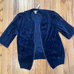 Nwt Victoria’s Secret Zip Up, Dark Blue Velour With Ribbon Detail On The Sleeve. Nwt. Fitted Blue Outerwear For Loungewear, Casual Navy Outerwear For Loungewear, Cropped Half Zip, Shanghai Fashion, Mesh Jacket, Leopard Print Coat, Sequin Jacket, Print Coat, Silk Jacket