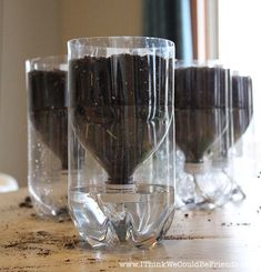 four glasses sitting on top of a counter covered in dirt