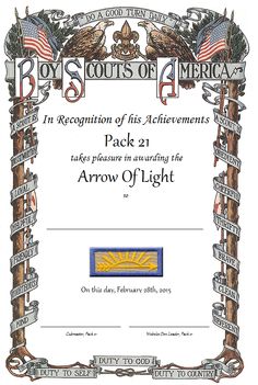 an award certificate is shown with the words, in recognition of his achievement pack 21