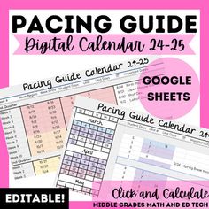 a pink background with the text packing guide digital calendar for google sheets and printables