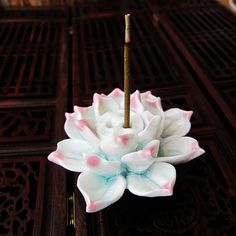 a white and pink flower with a candle sticking out of it