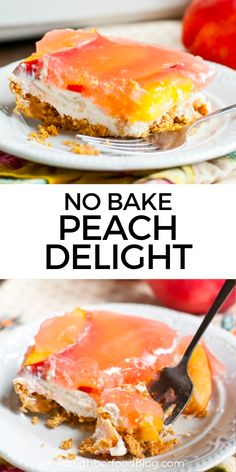 no bake peach delight dessert on a white plate with a fork in the middle