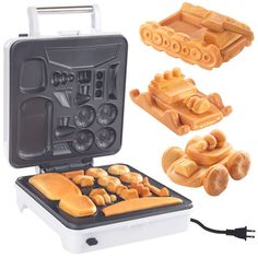 an open waffle maker with several different items in the tray and instructions to make them