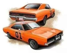 an orange muscle car with the number ten on it's side and another one in the background