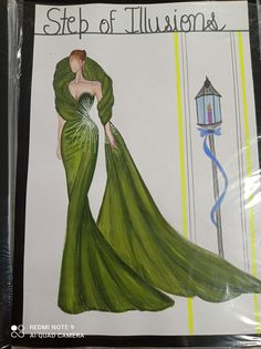 a drawing of a woman in a green dress with a lamppost behind her and the words step of illusion written on it