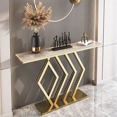 a console table with two vases and bottles on it in front of a wall