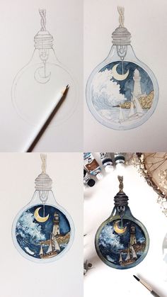 four different pictures of an ornament with a lighthouse in it and the moon inside