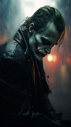 the joker is looking down while standing in the rain