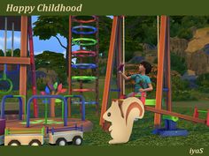 an animated image of a child playing in a playground with toys and animals on the ground