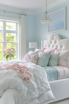 a white bed sitting next to a window in a bedroom under a chandelier