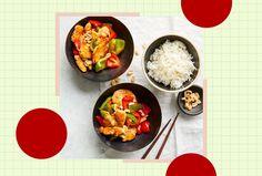 two black bowls filled with food next to rice and chopsticks on a table