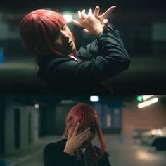 two images of a woman with red hair and black jacket holding her hands up to her face