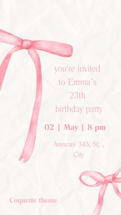 a birthday party card with pink ribbon and bow