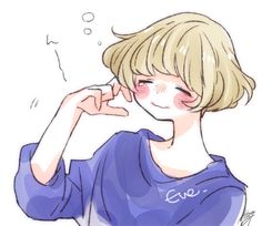 a drawing of a boy with blonde hair and blue shirt holding his hand up to his face