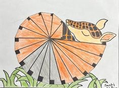 a drawing of a bird sitting on top of an orange parasol in the grass