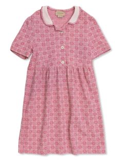 blush pink/white cotton jersey texture signature Double G logo patterned jacquard A-line skirt tonal trim contrasting collar front button fastening short sleeves straight hem Dress With Jean Jacket, Girls Casual Dresses, Gucci Kids, Dolce And Gabbana Kids, Stella Mccartney Kids, Skirted Swimwear, Casual Girl, Pink Cotton, Dress Pink