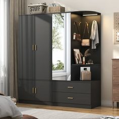 a bedroom scene with focus on the armoire and closet