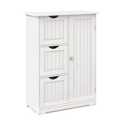 a white wooden cabinet with three drawers