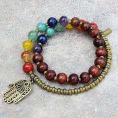 chakra, genuine gemstones and wood 27 bead mala wrap chakra bracelet Hamsa Charm, African Trade Beads, Chakra Jewelry, Beaded Wrap Bracelets, Mala Bracelet, Chakra Bracelet, Yoga Jewelry, Beaded Wraps, A Bracelet