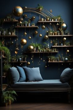 a living room filled with lots of potted plants and gold balls on the wall