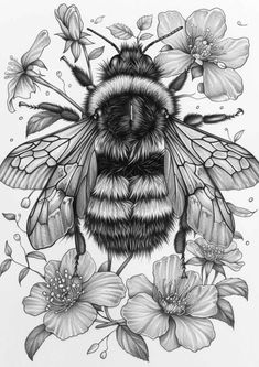 a black and white drawing of a bee surrounded by flowers