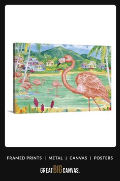 a pink flamingo standing on top of a lush green field next to palm trees