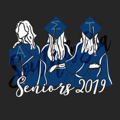 three people in graduation caps and gowns with the words seniors 2019 written on them