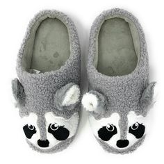 Trash day is stylish now with these cloudy soft sherpa animal slippers from Oooh Geez! Slippers. Stay warm & look great with your new raccoon themed grey sherpa slippers. Wear them around the house or out and about thanks to the non-skid rubber bottom. Pick up a pair today! Material: Inside 100% Sherpa, Outside 100% Acrylic Style: Sherpa slipper with non-skid rubber bottom sole Care: Machine wash cold with no bleach and hang to dry Size:Small fits women's U.S. shoe size 5 - 6Medium fits women's Trendy Slippers, Trash Day, Animal Slippers, Designer Slippers, Slippers Cozy, House Shoes, House Slippers, Womens Slippers, Stay Warm