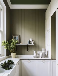 a kitchen with green painted walls and white cupboards, plants in the window sill