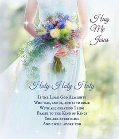 a woman holding a bouquet of flowers in her hand with the words, hug me jesus