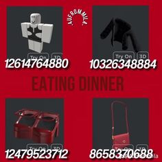 an advertisement for a restaurant called eating dinner, with pictures of the items in red and black