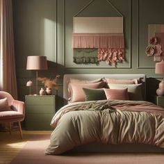 a bedroom with green walls and pink bedding