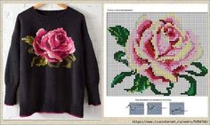 a knitted sweater with pink roses on it next to an image of the knitting pattern