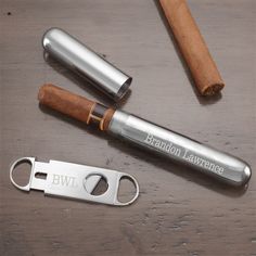 * Cigar case is skillfully engraved with his name, nickname, event or message, in the classic block letter style shown * Cigar cutter will include any 3 initial monogram  * Conveniently holds his favorite stogie, protecting it (and his clothes) from damage until he's ready to light up * Quality crafted of polished, non-tarnish stainless steel, and perfectly sized to fit neatly in a breast pocket * Measures 8L x 1 in diameter (3.25 in circumference) * Fits a 50 ring gauge cigar  * Comes with a bl His Clothes, Cigars And Whiskey, Initial Monogram, Silver Engraving, Block Lettering, Retirement Gifts, Monogram Initials, Groomsman Gifts, Office Gifts