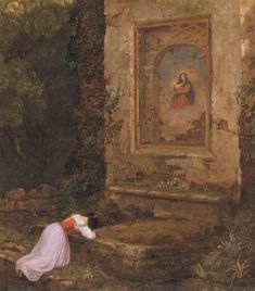 a painting of a woman kneeling down in front of a stone wall with a painting on it