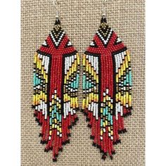 Handmade Miyuki Earrings Multicolor Geometric Print 5.75" Long 1.75" Wide Traditional Red Beaded Earrings With Colorful Beads, Red Beaded Earrings With Large Beads, Red Beaded Drop Earrings With Large Beads, Handmade Red Beaded Earrings For Festival, Traditional Red Beaded Earrings With Large Beads, Bohemian Red Beaded Earrings Gift, Traditional Handmade Red Beaded Earrings, Red Dangle Earrings With Colorful Beads, Traditional Red Beaded Earrings For Festival