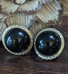 1980s Large Round Dome Black & Gold Clip-on Earrings.  Love these! Black Vintage Clip-on Earrings, Black Retro Clip-on Jewelry, Retro Black Round Earrings, Vintage Black Clip-on Earrings, Vintage Black Round Clip-on Earrings, Black Vintage Round Clip-on Earrings, Gold Clips, Schwarz Gold, Clip On Earrings