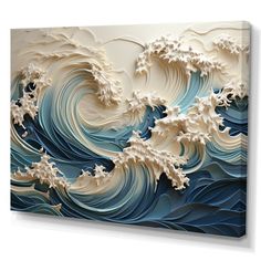 an abstract painting with white and blue waves on the bottom, against a white background