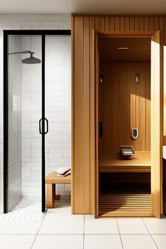 Sauna In Bathroom Bathrooms With Saunas Small, Bathroom Remodel With Sauna, Basement Bathroom With Sauna, Sauna Basement Ideas, Sauna In Living Room, Spa Bathroom With Sauna, Small Sauna Bathroom Design, Sauna In Apartment, Built In Sauna Home