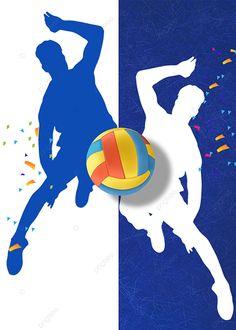 the silhouettes of two men are playing volleyball with confetti and streamers