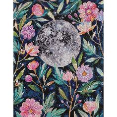 a cross stitch pattern with pink flowers and green leaves on a dark blue background, in the shape of a full moon