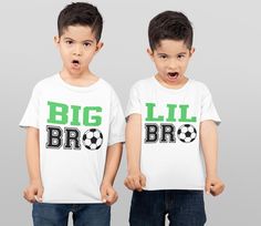 "Celebrate your little soccer fan and his role as a big brother with this Big Bro soccer shirt! Perfect for siblings who love playing and watching the sport together, this shirt is a great way to show off their brotherly bond. Get just one for the Big Bro when announcing a new baby, or get a matching set for the Big and Lil Bro's to wear together. Listing is for 1 shirt. To purchase multiple shirts, add each item to your cart 1 at a time in the size and color you need, then check out as 1 order. Not only does this shirt make a great addition to your little one's wardrobe, but it also makes a thoughtful and meaningful gift for any occasion. Whether it's for a birthday, holiday, or just to say \"I love you,\" this personalized soccer shirt will surely be a hit with any soccer-playing big bro Soccer Tees, Lil Bro, Soccer Fan, Soccer Shirt, Soccer Fans, Little Brother, Soccer Shirts, Brother Sister, Say I Love You