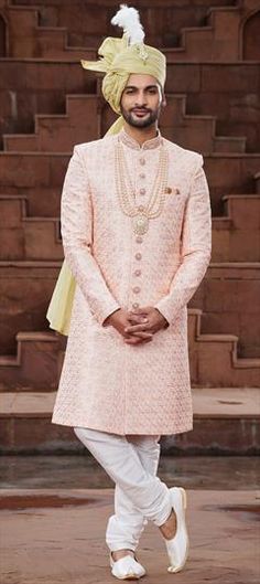 Pink and Majenta color Sherwani in Art Silk fabric with Embroidered, Sequence, Thread work Luxury Pink Ceremonial Sherwani, Luxury Pink Sherwani For Transitional Season, Wedding Sherwani, Wedding Pink, Sequence Work, Silk Wedding, Color Art, Thread Work, Silk Fabric