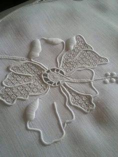 a close up of a piece of cloth with white thread and beads on the edge