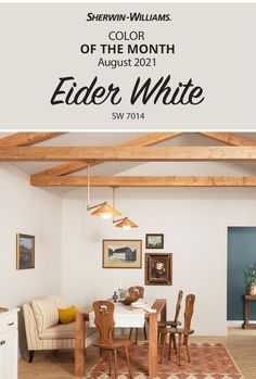 Bring lived-in, Belgian style to your open-concept space with the Sherwin-Williams August Color of the Month, Eider White SW 7014. Tap this pin for styling tips, complementary colors, and more, then get your DIY painting project started today. #sherwinwilliams #color #inspiration #colorinspiration #paint #decor #interiordesign #paintinspiration #diningroom #belgianstyle Paint Colors Neutral, Eider White Sherwin Williams, Sherwin Williams Paint Neutral, Eider White, August Colors, Paint Decor, Color Of The Month, Paint Color Inspiration